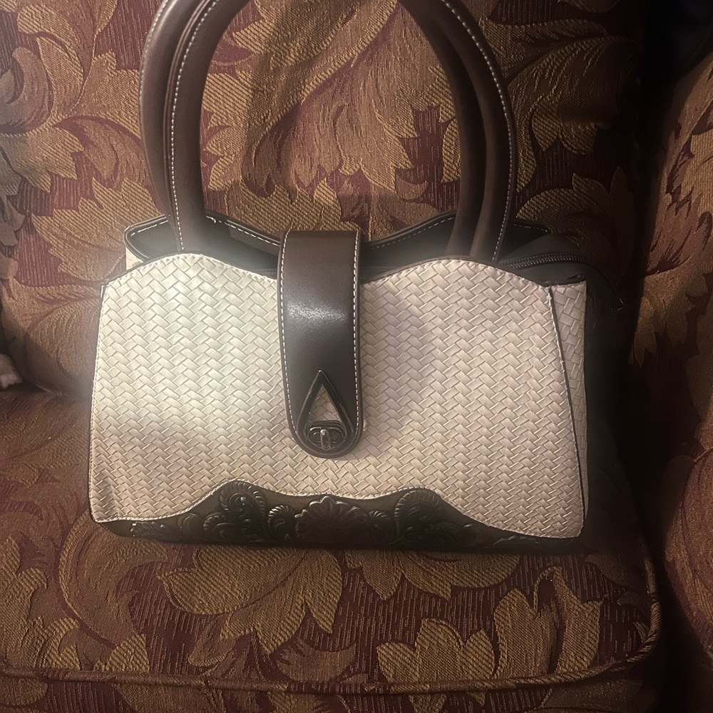Brighton Two-Tone Woven Satchel Handbag Cream & Brown Leather Top Handle Purse